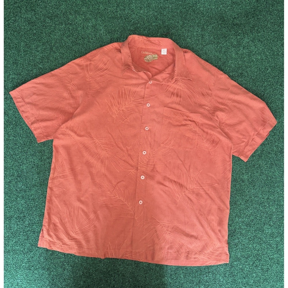 Men's Caribbean Floral 74% Silk Orange Short Sleeve Button Up Size XL V1